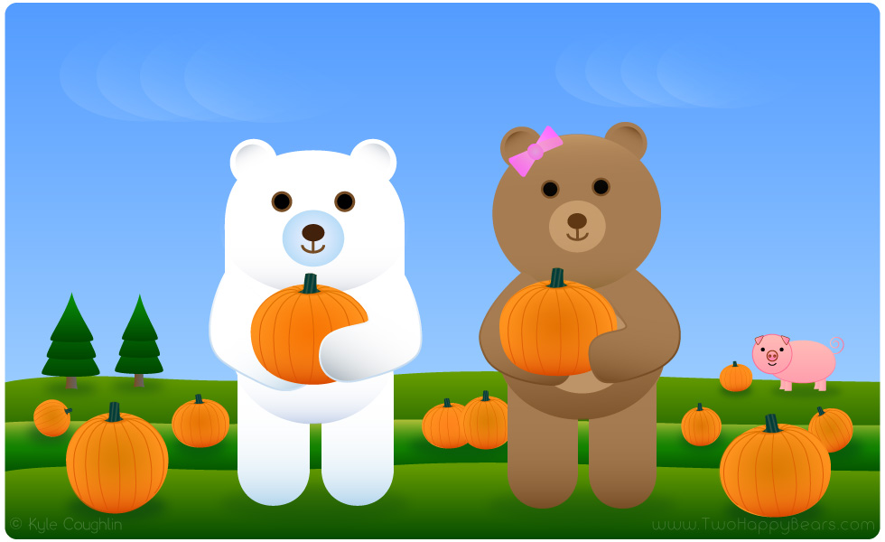 Learn the letter P. The Two Happy Bears are picking pumpkins with a pig. Pumpkin and pig begin with the letter P.