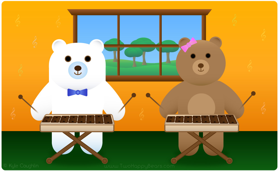 Learn the letter X. The Two Happy Bears are playing the xylophone. Xylophone begins with the letter X.