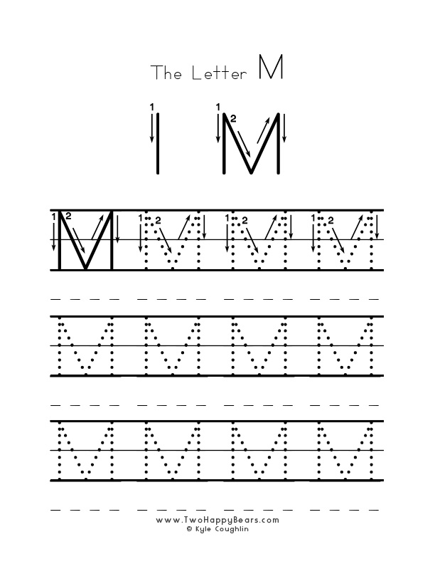 Several guided examples of the letter M in uppercase to trace for practice.