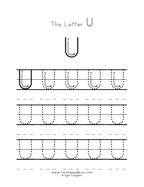 Several guided examples of the letter U in uppercase to trace for practice.