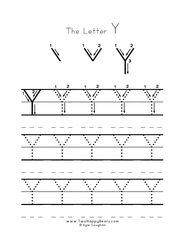 Several guided examples of the letter Y in uppercase to trace for practice.