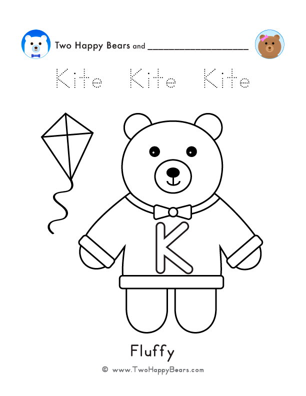 Color the letter K sweater with Fluffy of the Two Happy Bears. Also, trace the word Kite. Free printable PDF.