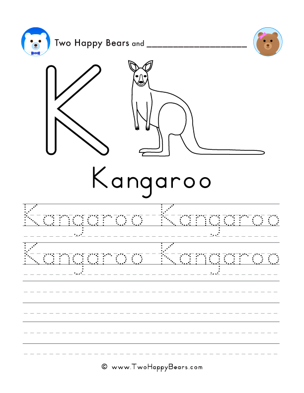 Free printable sheet for tracing and writing the word kangaroo, and a picture of a kangaroo to color.