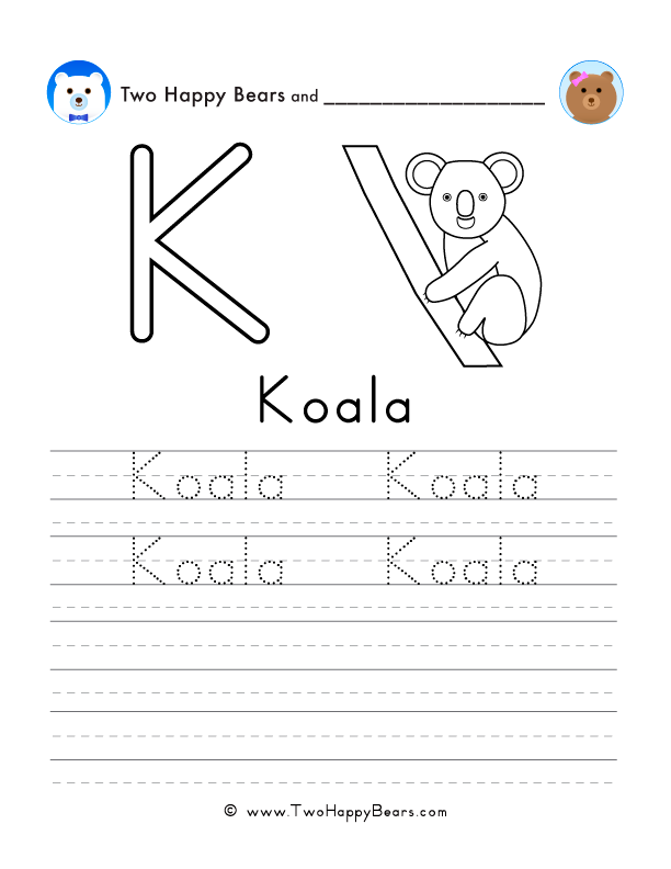 Free printable sheet for tracing and writing the word koala, and a picture of a koala to color.