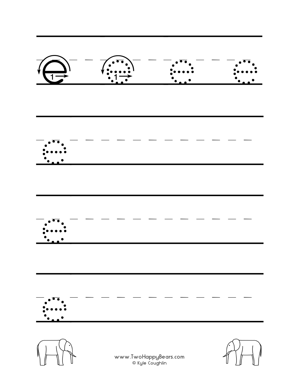 Worksheet for tracing and writing the lowercase letter E, in free printable PDF format.