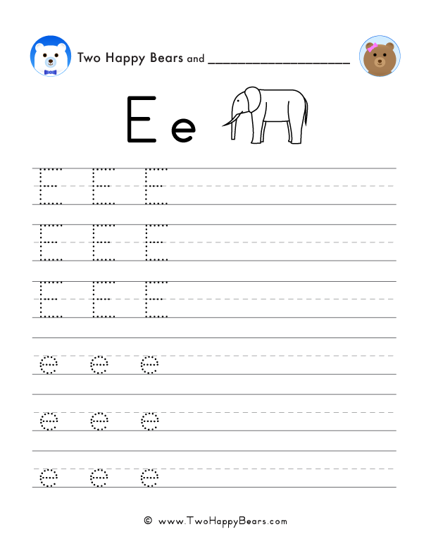 Tracing and writing worksheets for the letter E, for preschool and kindergarten.
