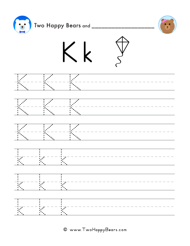 Tracing and writing worksheets for the letter K, for preschool and kindergarten.