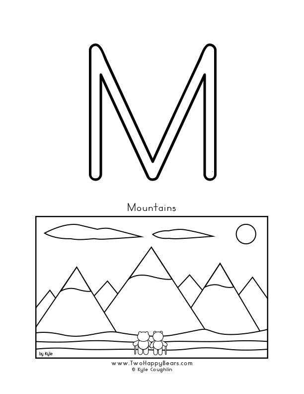 Coloring page of an uppercase letter M and the Two Happy Bears at the mountains.