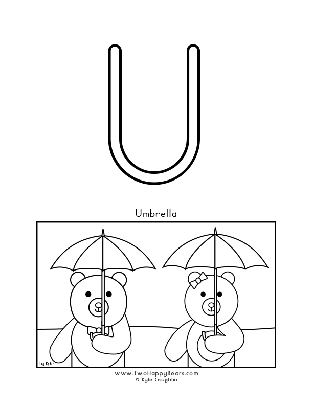 Color the letter U, upper case, and color the Two Happy Bears holding their umbrellas. Free printable PDF.