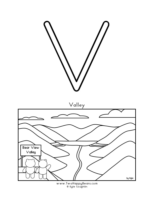 Color the letter V, upper case, and color the Two Happy Bears viewing a valley. Free printable PDF.