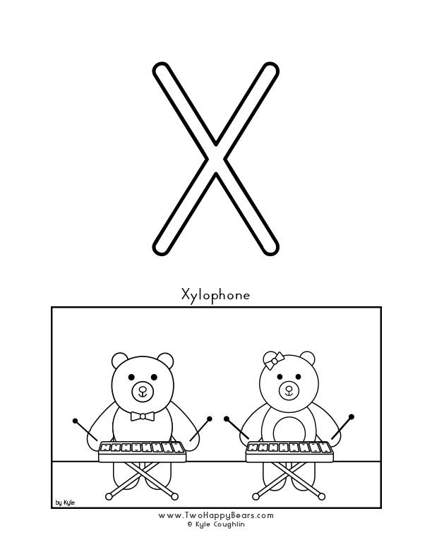 Color the letter X, upper case, and color the Two Happy Bears playing the xylophone. Free printable PDF.