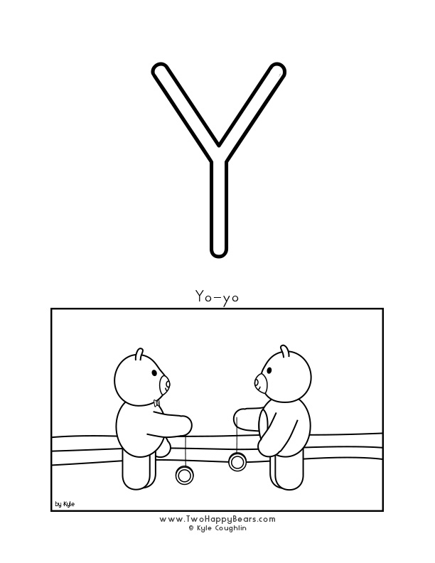 Color the letter Y, upper case, and color the Two Happy Bears playing with yo-yos. Free printable PDF.