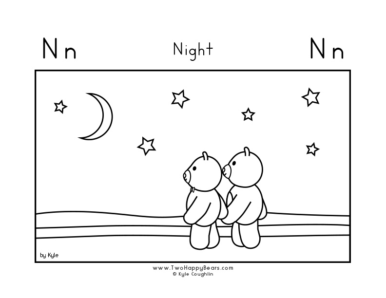 Coloring page of the Two Happy Bears and the night sky.