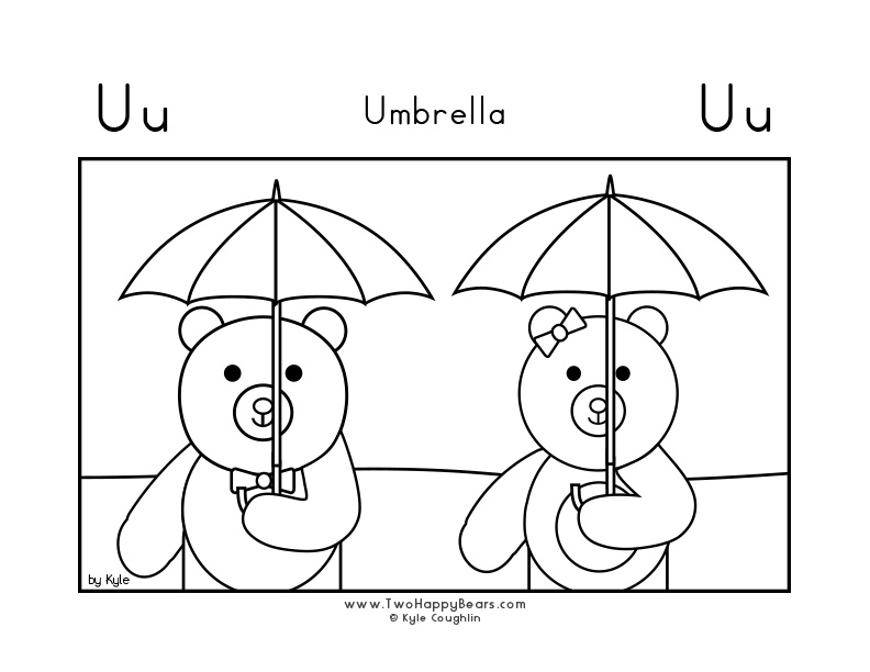 Coloring page for learning the letter U, with a picture of Fluffy and Ivy holding their umbrellas, in a large landscape view, in free printable PDF format.
