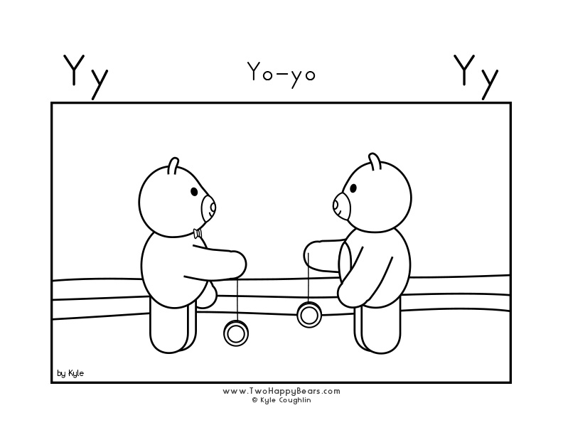Coloring page for learning the letter Y, with a picture of Fluffy and Ivy playing with their yo-yos, in a large landscape view, in free printable PDF format.