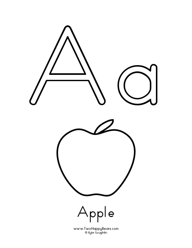 Free printable PDFs to color an uppercase and lowercase letter and simple pictures like an apple.