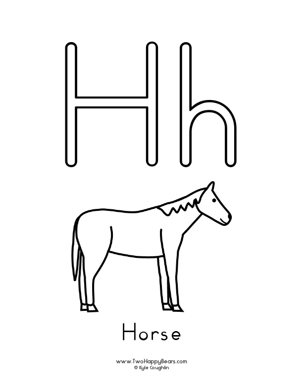 Free printable PDFs to color an uppercase and lowercase letter and simple pictures like a horse.