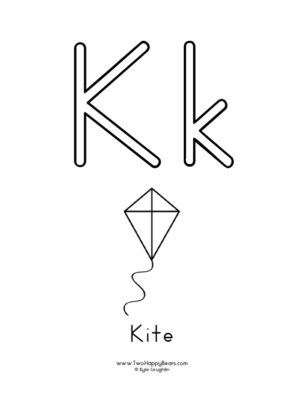 Free printable PDFs to color an uppercase and lowercase letter and simple pictures like a kite.