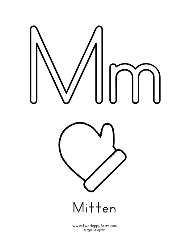 Coloring page of an uppercase and lowercase letter M and a mitten.