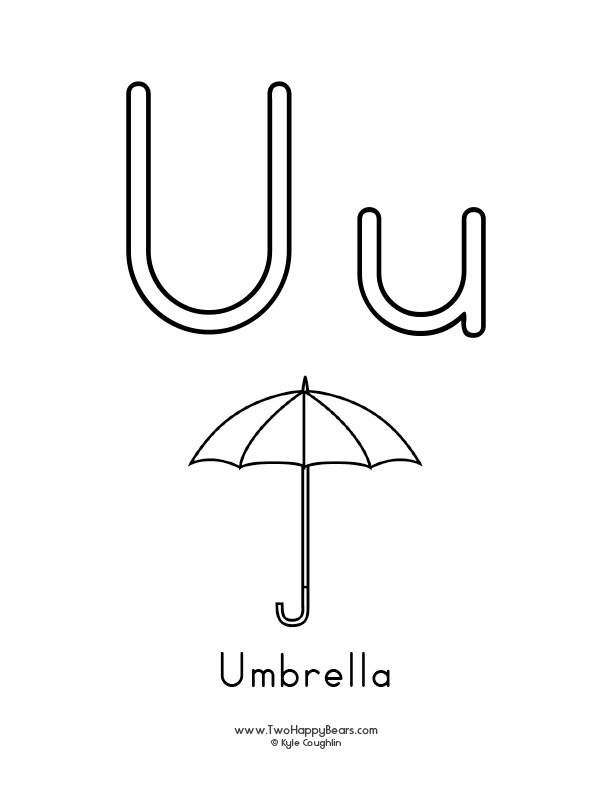 Free printable coloring page for the letter U, with upper and lower case letters and a picture of an umbrella to color.