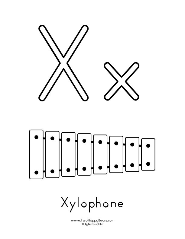 Free printable coloring page for the letter X, with upper and lower case letters and a picture of a xylophone to color.