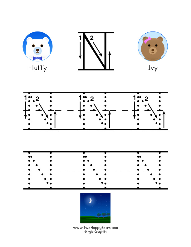 Letter N worksheets to trace and draw